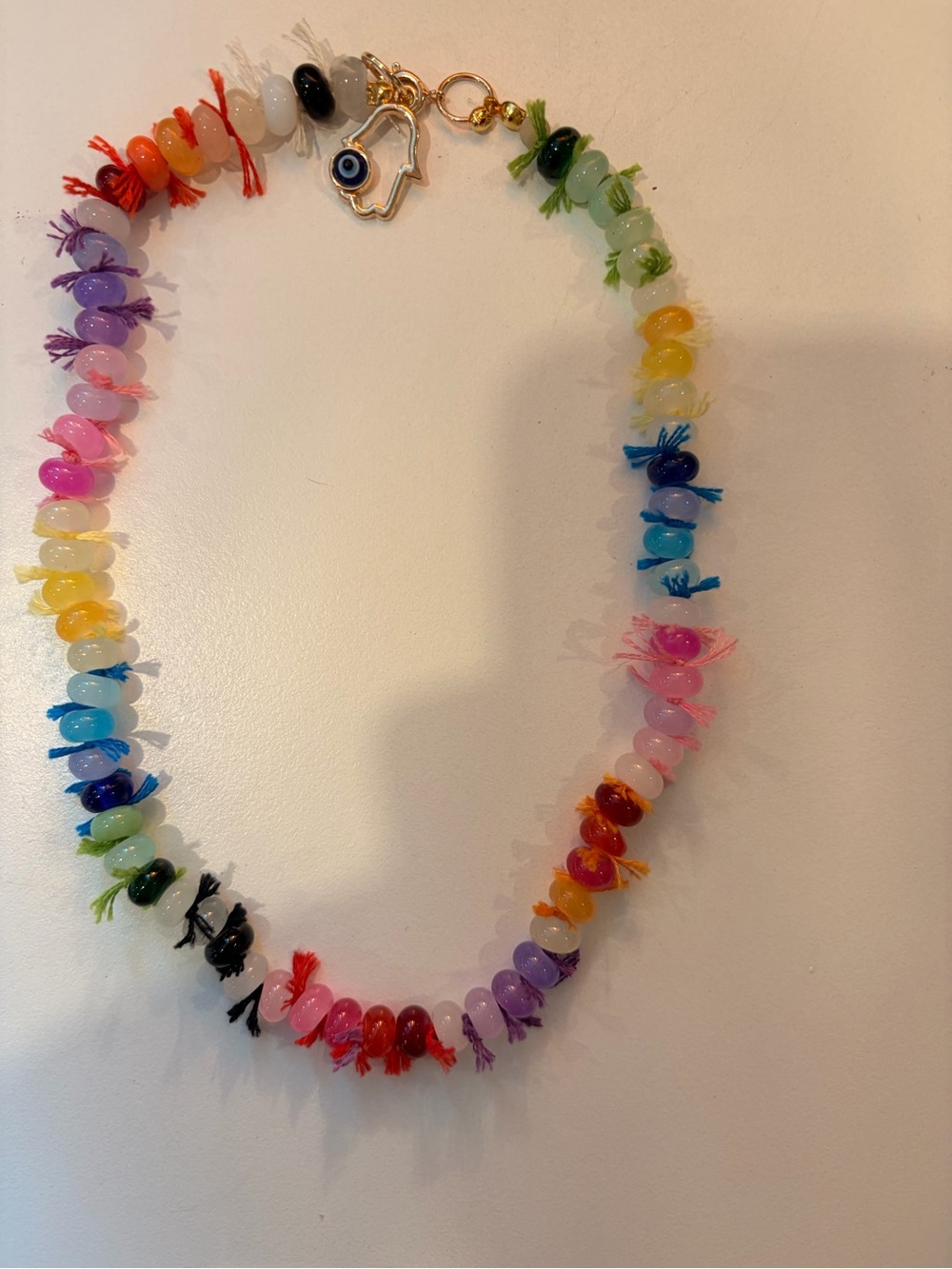 Rainbow Beaded Charm Necklace with Hamsa Evil Eye